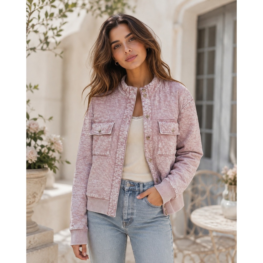 Jane + Delance Quilted Mineral Wash Pink Bomber Jacket Mauve S Military Inspired